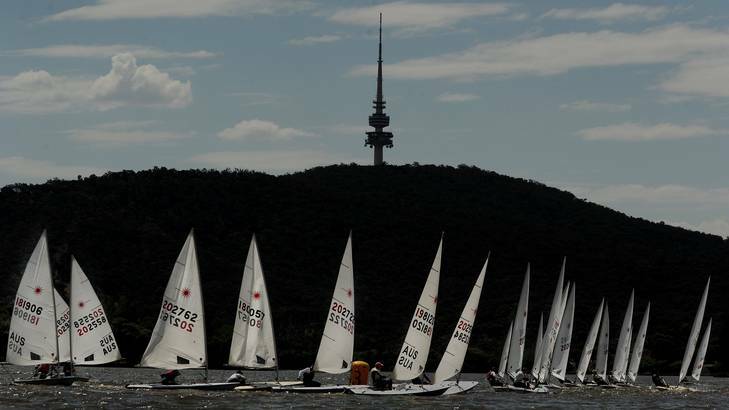 Boats compete in the NSW/ACT laser state championships on Lake Burley Griffin. Photo: Colleen Petch