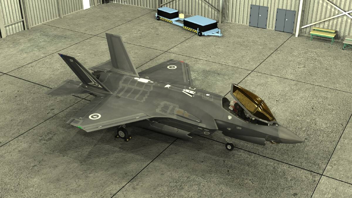 A virtual rendering of the F35 Joint Strike Fighter from KBR's Canberra branch. Software engineers have created a virtual reality simulation allowing mechanics and engineers to view and work on the JSF without actually touching. Photo: Supplied / KBR