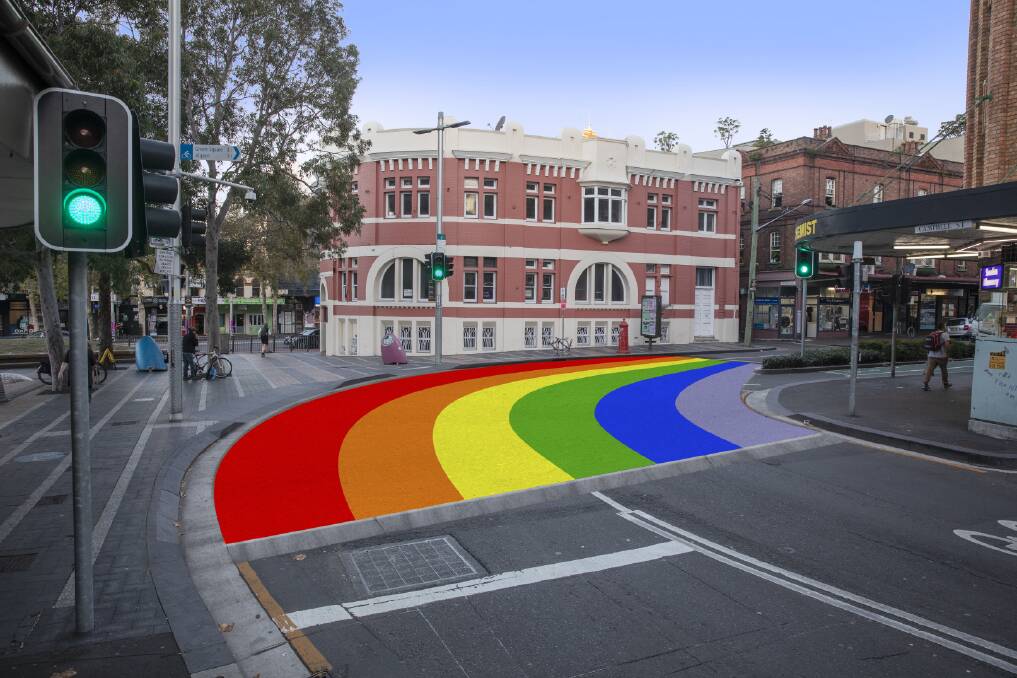 An artist\'s impression of the new rainbow crossing planned for the corner of Bourke and Campbell streets in Darlinghurst.   Photo: Supplied