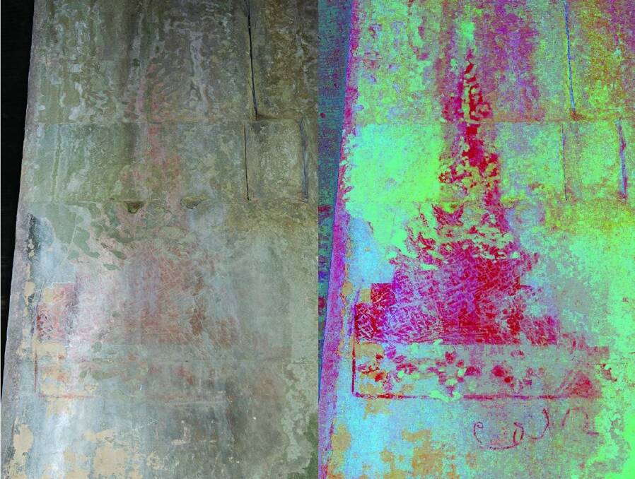 Uncovered: One of the ancient paintings at Angkor Wat, seen at right when enhanced on a computer.