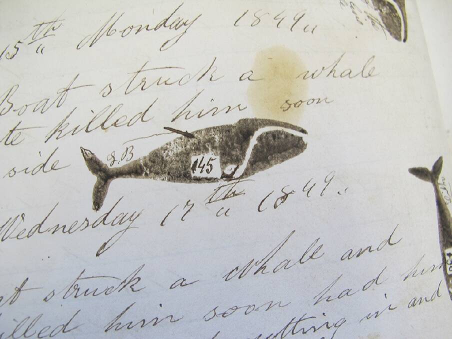 A whaling ship's log, 1849, rejoices graphically over  a whale giving 145 gallons of oil.  Photo: Hyperallergic