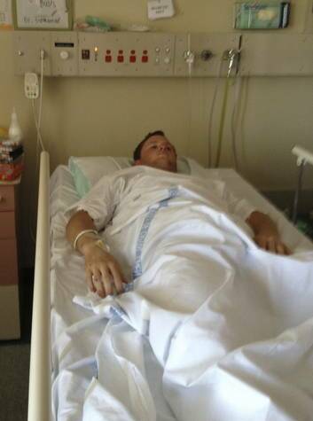 Jayson Bush in hospital after a fall on the Nishi worksite. Photo: Supplied
