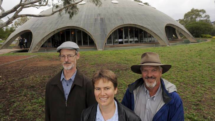 Three of 21 new Australian Academy of Science Fellows, announced today. All from the ANU, pictured outside the Shine Dome, L to R. Alan Carey, Michelle Coote and Craig Moritz. Photo: Graham Tidy