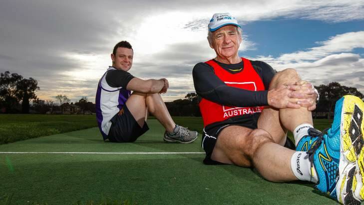 David Griffith (left) is running in the City2Surf and has raised $45,000 for the Australian Cancer Research Foundation. Denis Reid (right) is running in the Canberra Times Fun Run to raise money to fight multiple sclerosis. Photo: Katherine Griffiths