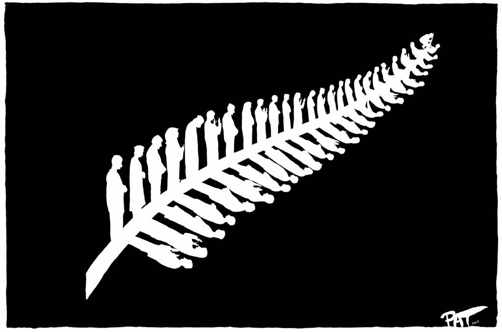 Pat Campbell''s moving cartoon depicting 50 Muslims in various stages of prayer, representing the 50 victims of the Christchurch massacre. Photo: Supplied