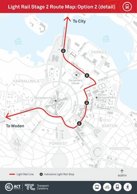 A close-up of the new route proposed for Barton.  Photo: Supplied/ACT government