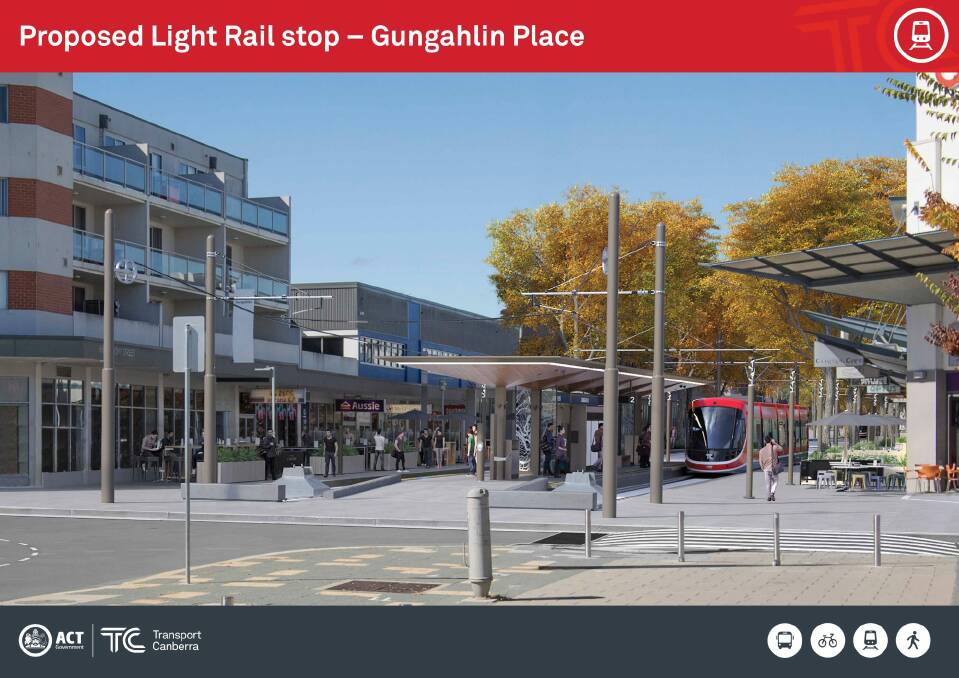 An artist's impression of a light rail stop at Gungahlin Place in Canberra's north. Photo: Supplied