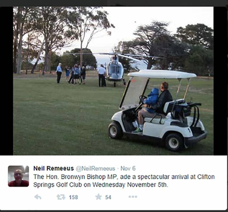 Spectacular entrance: Bronwyn Bishop arrives at Clifton Springs Gold Club in November. Photo: @neilremeeus via Twitter