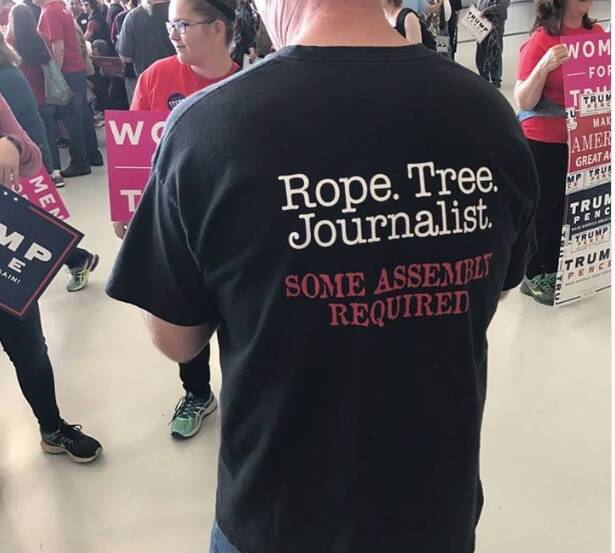 Photo of a 'Rope. Tree. Journalist.' T-shirt worn by a Trump supporter goes viral. Photo: Twitter/@breanne_dep