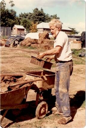 Brick by brick: Peter  Thorne makes mud bricks for the house that took nine years to build.