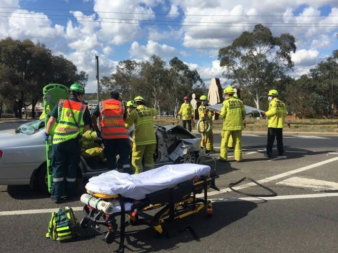 ACT Fire & Rescue and ACT Ambulance Service on scene at a two-vehicle crash on the corner of Brierly Street and Hindmarsh Drive, Weston. Photo: Supplied