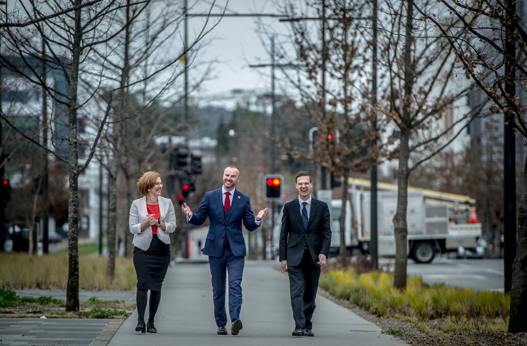 Higher Education Minister Meegan Fitzharris, Chief Minister Andrew Barr and UNSW Canberra rector Michael Frater announcing the potential expansion earlier this year. Photo: karleen minney