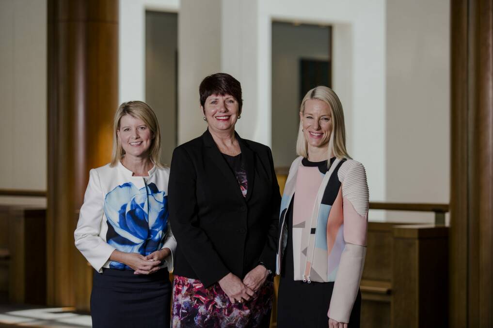 The launch of Changing the Story: a shared framework for the primary prevention of violence against women and their children in Australia.
From left, Chair of Our Watch, Natasha Stott Despoja, CEO of ANROWS Heather Nancarrow, and CEO of VicHealth Jerril Rechter. Photo: Jamila Toderas