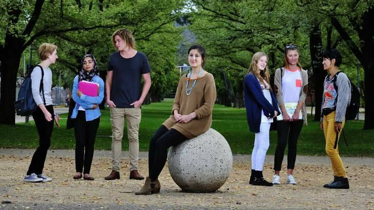 ANU students are of the view that under-funded universities will fail to attract students.  From left; Christina Sanderson, Hiba Akmal, Sam Robinson; ANU Student Association President Alek Sladojevic, at centre; Alice Mackie, Holy Asquith and Palmo Tenzin. Photo: Jay Cronan