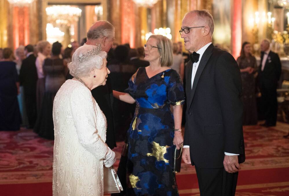 Britain's Queen Elizabeth II and Prince Charles greet Australia's Prime Minister Malcolm Turnbull and his wife Lucy in the Blue Drawing Room at Buckingham Palace Photo: Victoria Jones