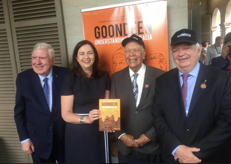 Premier Annastacia Palaszczuk with three wise men - rail and seniors entrepreneur Everald Compton; the man who invented the Murri Court, Uncle Albert Holt; and the premier's father, Henry Palaszczuk. Photo: Tony Moore