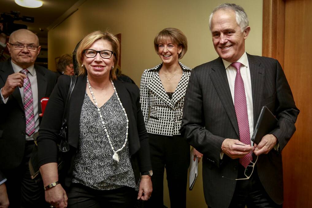 Rosie Batty with Prime Minister Malcolm Turnbull and Minister for Women Michaelia Cash. Photo: Eddie Jim