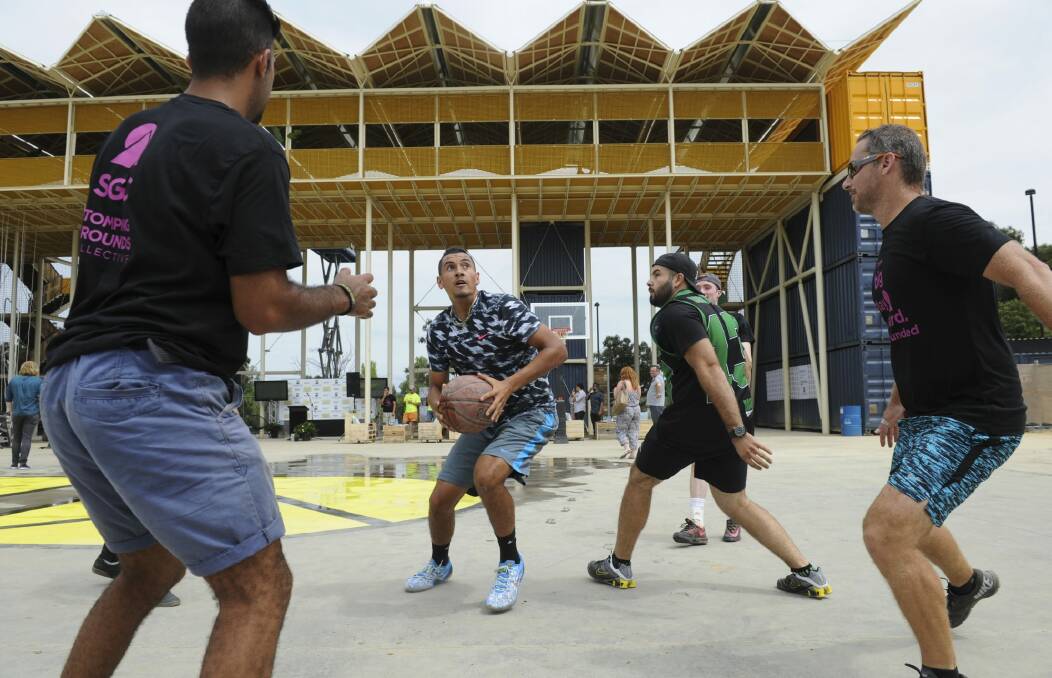 Nick Kyrgios shoots some hoops at Westside at Acton Park on Tuesday.  Photo: Graham Tidy