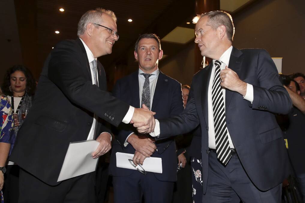 Prime Minister Scott Morrison, NT Chief Minister Michael Gunner and Opposition Leader Bill Shorten. Photo: Alex Ellinghausen