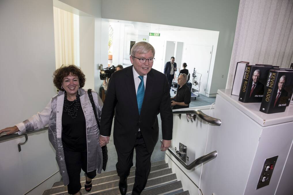 Former Prime Minister Kevin Rudd arrives with his wife Thérèse Rein for the launch of his new book at Parliament House. Photo: Dominic Lorrimer 