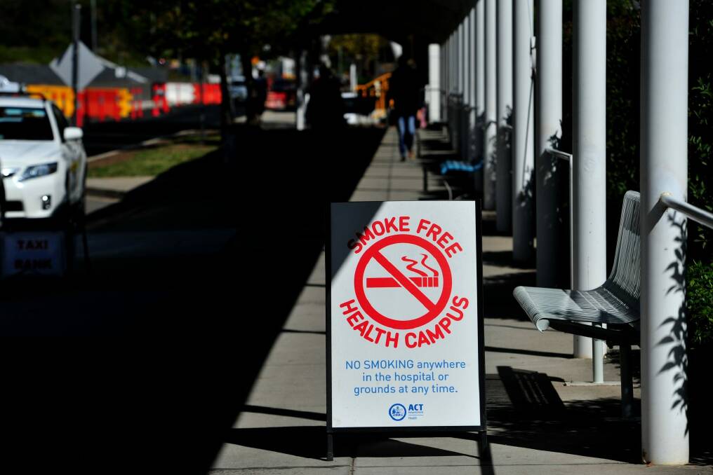 A smoke-free health campus sign outside the Canberra Hospital. Photo: Melissa Adams