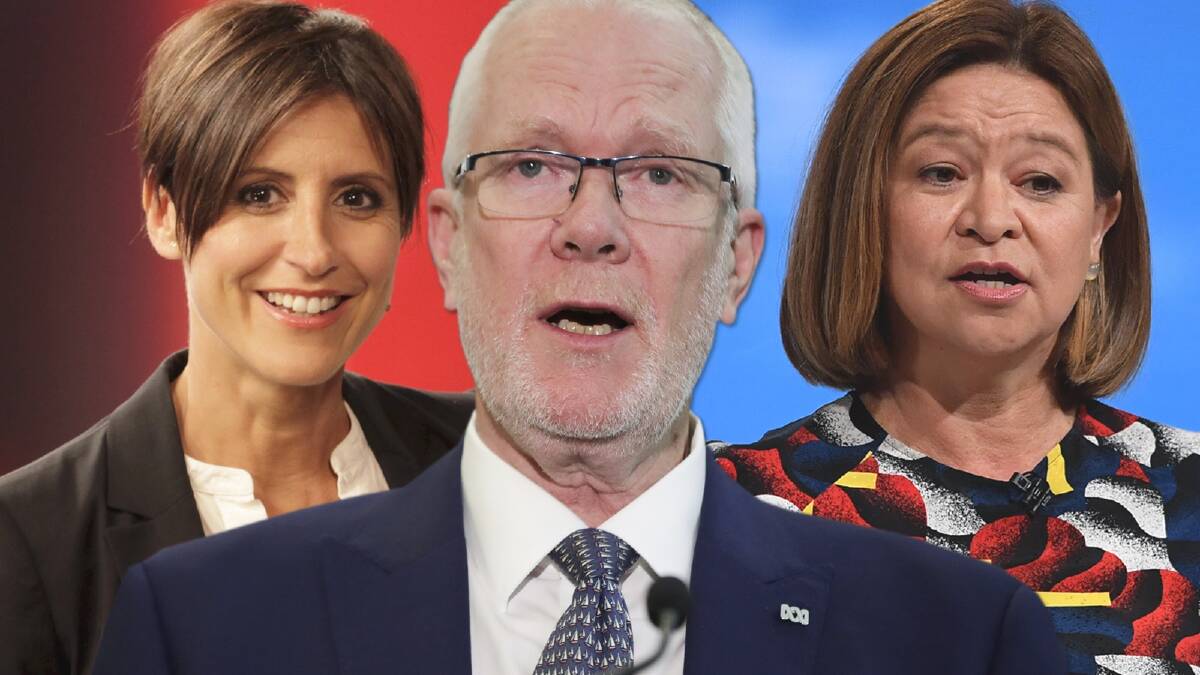 Wordsmith: Justin Milne (centre) wanted Michelle Guthrie (right) to sack Emma Alberici (left), so he suggested she explore "external career development opportunities". Photo: Fairfax Media