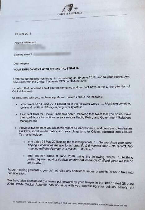 Angela Williamson's letter of termination.  Photo: Supplied 