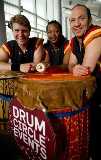 Drummers (from left) Adam Swoboda, Mory Traore and Lance Radus entertained the crowds at Enlighten. Photo: Jay Cronan