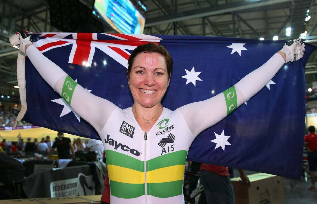 Anna Meares celebrates after winning gold in the Women's Keirin Final during Day Five of the UCI Track Cycling World Championships. Photo: Alex Livesey