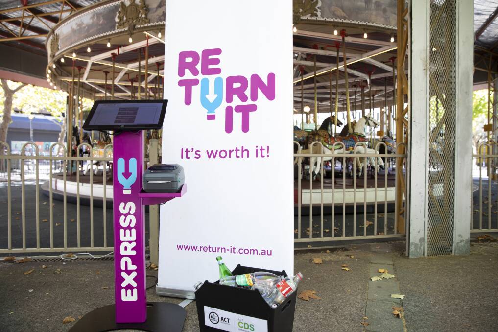 An express Return It station for the ACT's Container Deposit Scheme. Photo: Sitthixay Ditthavong