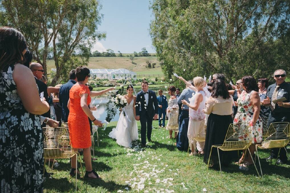 Wicks walked herself down the aisle, while Croker and his groomsmen arrived in a helicopter. Photo: Bushturkey Studio