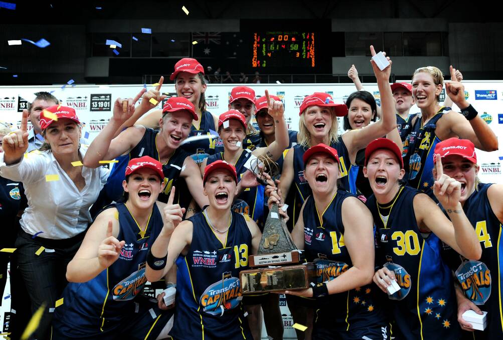 Kellie Henning, Michelle Cosier, Tracey Beatty and Peta Sinclair played together in the 2008-09 WNBL title and Sandy Tomley was an assistant coach. Photo: Marina Neil