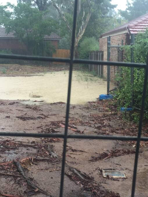 Floodwaters on the Mr Fluffy block pooling against the Wilsons' brick garage and fence.  Photo: Greg Wilson