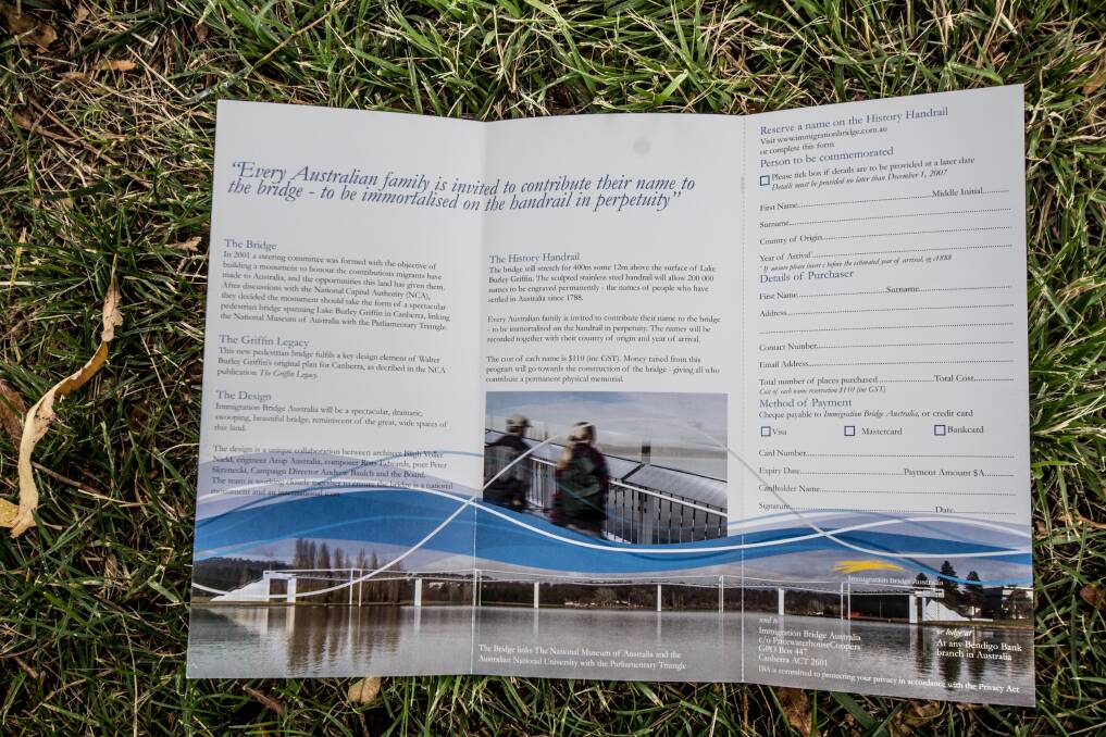 The brochure from when Susan McIntosh signed up for her parents' names to be included on Immigration Bridge. Photo: Karleen Minney