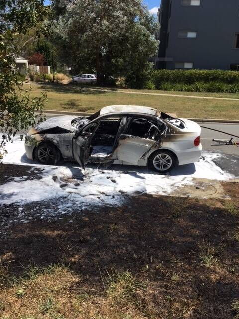 The remains of the car which caught fire in Watson on Friday. Photo: Supplied