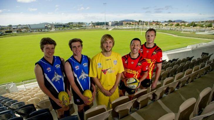 Joseph Looby, Zach Barton-Browne and of the Gungahlin Jets James Perry of Canberra City, Lincoln Withers  and Dave Howell  of the Gungahlin Eagles, at the new Gungahlin enclosed oval on Monday. Photo: Jay Cronan