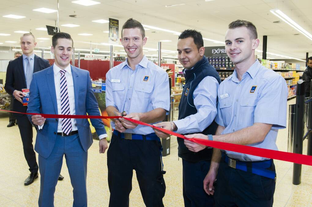 Cutting the ribbon on the new Aldi store in Casey were area manager Hayden Pierce, manager Matt Hartley, assistant manager Arpan Singh, and trainee manager Jake Bolton. Photo: Rohan Thomson