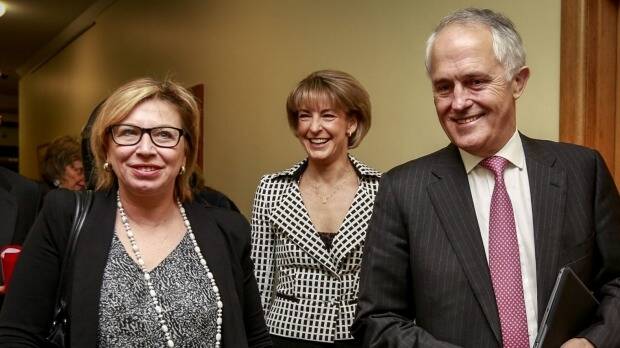 Prime Minister Malcolm Turnbull, pictured with domestic violence campaigner Rosie Patty and Minister for Women Michaelia Cash, has declared domestic violence a national priority. Photo: Eddie Jim