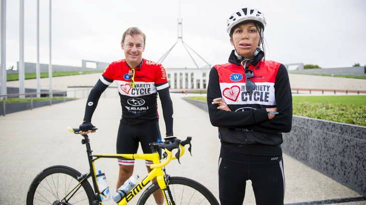Christopher Mapp and Turia Pitt before leaving Canberra to cycle to Cooma on a leg of the Variety Cycle to Uluru. Photo: Rohan Thomson