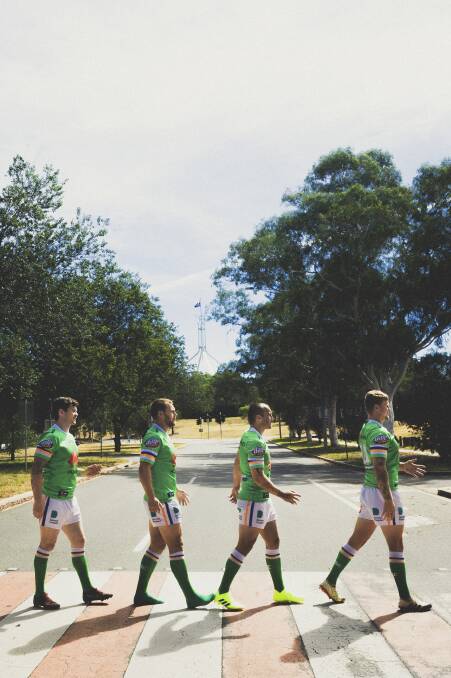 The Canberra Raiders' English quartet doing their best to remodel The Beatles' Abbey Road album cover. Photo: Dion Georgopoulos