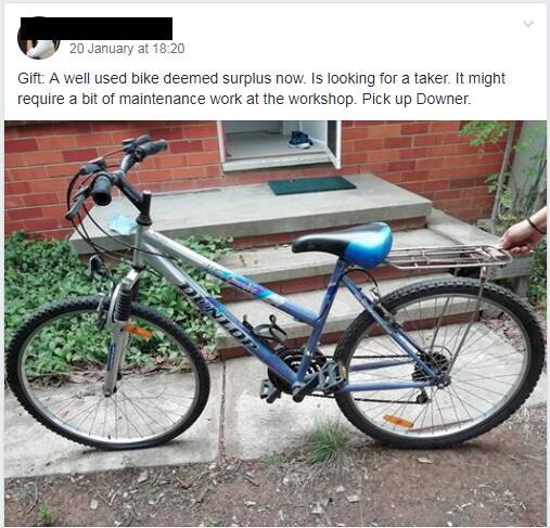 A Buy Nothing group member offers up a bike for free. Photo: Supplied