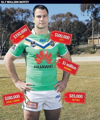 David Shillington shows off the, almost complete, Raiders 2013 uniform, set to have the Canberra players emblazoned with $1.7 million worth of sponsorship. Photo: Marco Mana