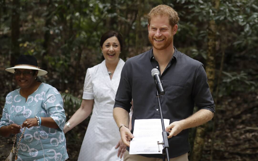 Prince Harry delivers a speech during his visit to Pile Valley on Fraser Island. Photo: AAP