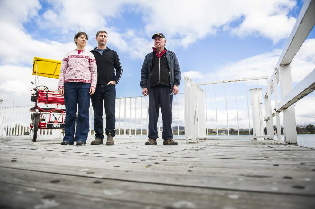 Jillian Edwards and Martin Shanahan of Mr Spokes and Jim Seears of the paddle boat business, in 2014 at the height of their dispute with the Land Development Agency over the future of their businesses.  Photo: Rohan Thomson