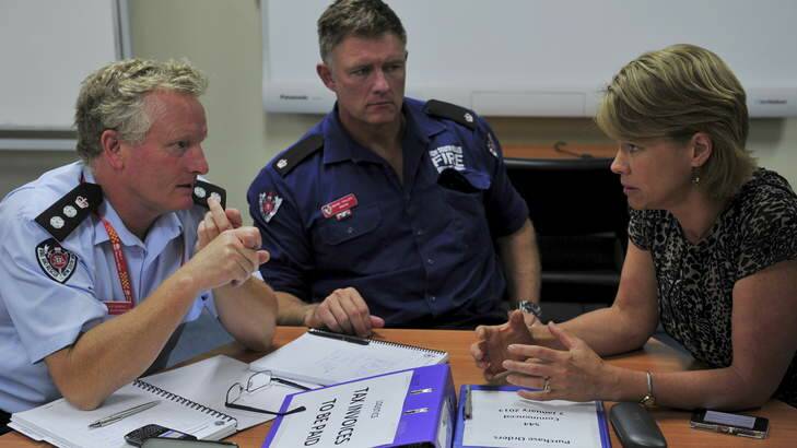 Chief Superintendent Ken Murphy, Inspector Wayne Phillips and NSW member for Burrinjuck Katrina Hodgkinson at a morning briefing in Queanbeyan. Photo: Jay Cronan