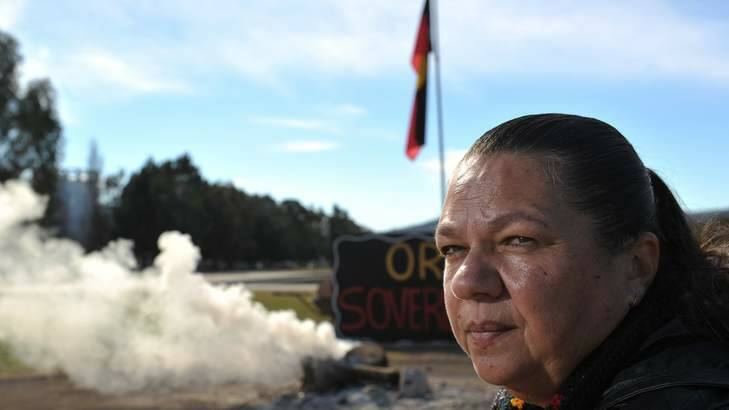 Indigenous activist, Cheryl Buchanan, from Queensland, at the Aboriginal Tent Embassy, where she was original campaigner in 1972. Photo: Graham Tidy