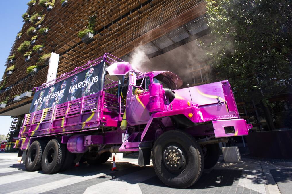 The 14-tonne magenta ex-military truck Soul Defender. Photo: Martin Ollman