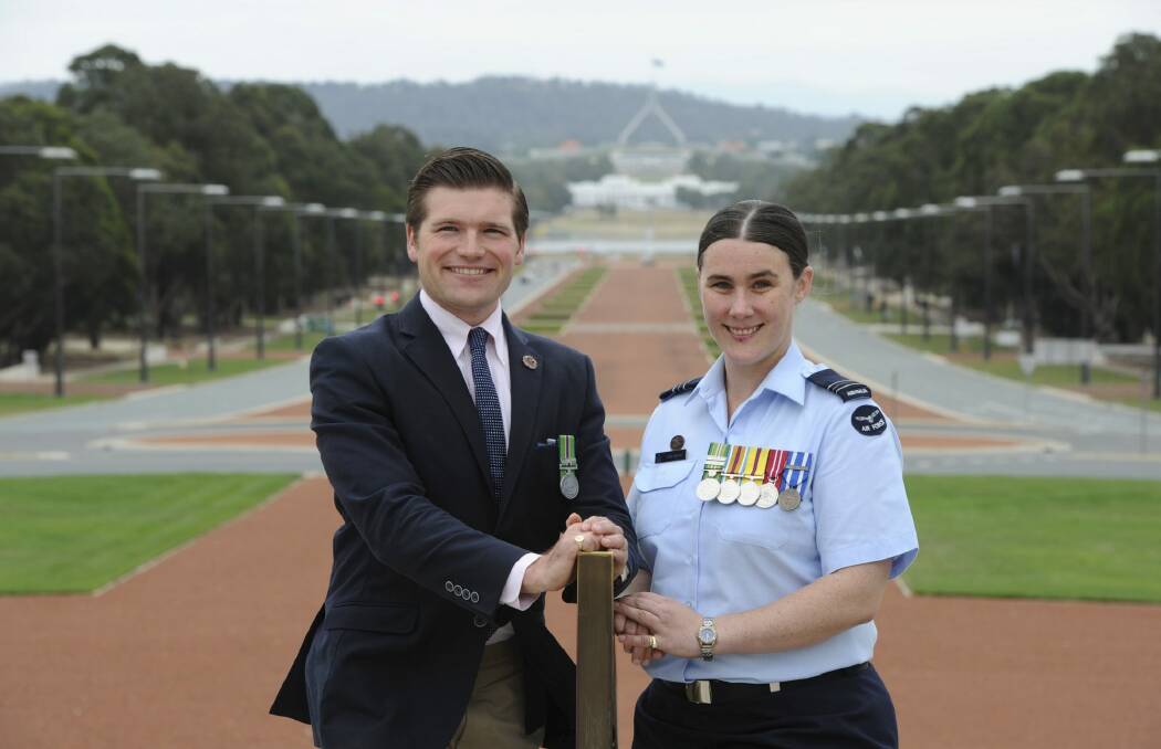 Patrick Foxley and Squadron Leader Jamie Simond at the
Australian War Memorial, ahead of the welcome home march for those who served in Afghanistan.  Photo: Graham Tidy