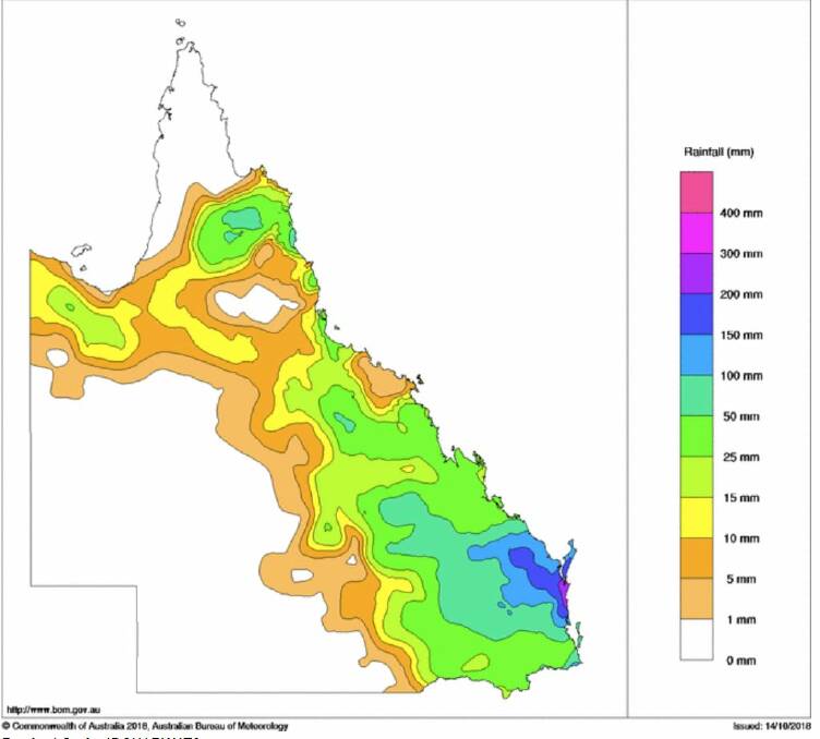 Bureau of Meteorology weekly rainfall map shows where rain fell in Queensland's drought-declared areas until October 15. Photo: Supplied