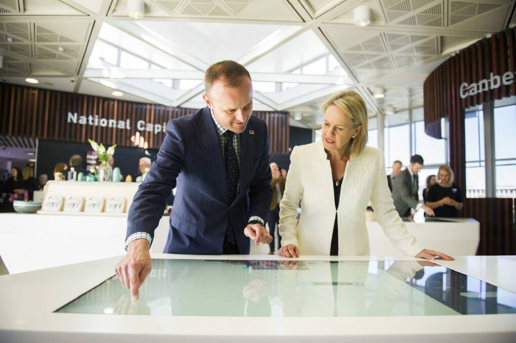 ACT Chief Minister Andrew Barr and the Federal Minister for Local Government and Territories, Fiona Nash inside the new visitor centre.  Photo: Rohan Thomson